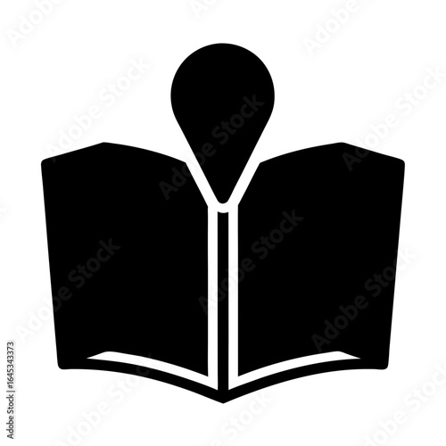 Open book icon with location pin on top, concept of map, navigation