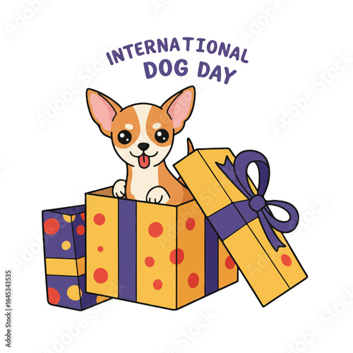 Vector illustration of a cheerful dog sitting in a gift box on International Dog Day with a colorful and playful design.