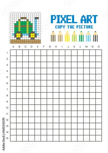 Copy the picture grid drawing worksheet for kids. Pixel art luggage cart and a bag