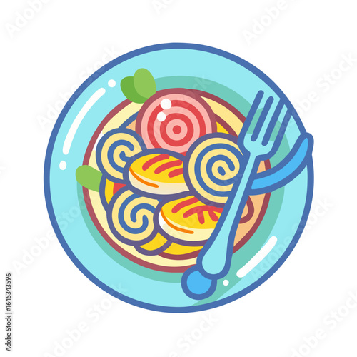 Colorful pasta dish with fork and fresh herbs on blue plate  