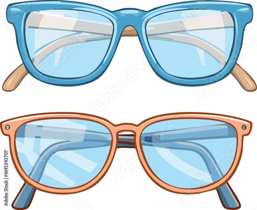 Two pairs of eyeglasses, one blue and one peach-colored, displayed in a top-down view.