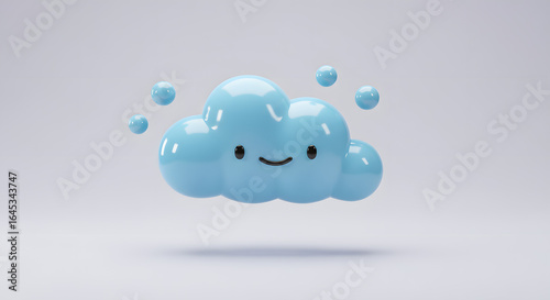 Adorable glossy blue cloud character with a cheerful smile and floating spheres, 3D illustration