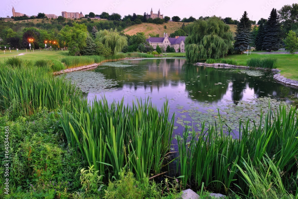 Naklejka premium Serene park pond at dusk, with reflections of hills and buildings