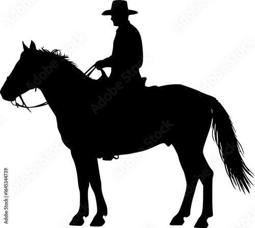 a silhouette of a cowboy on a horse, side view, wearing a hat, black, white background