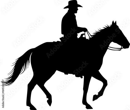 a silhouette of a cowboy on a horse, side view, wearing a hat, black, white background