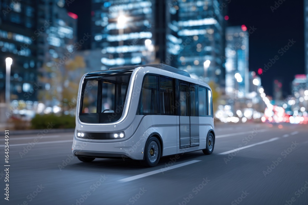 Fototapeta premium Futuristic autonomous bus gliding through illuminated city stree