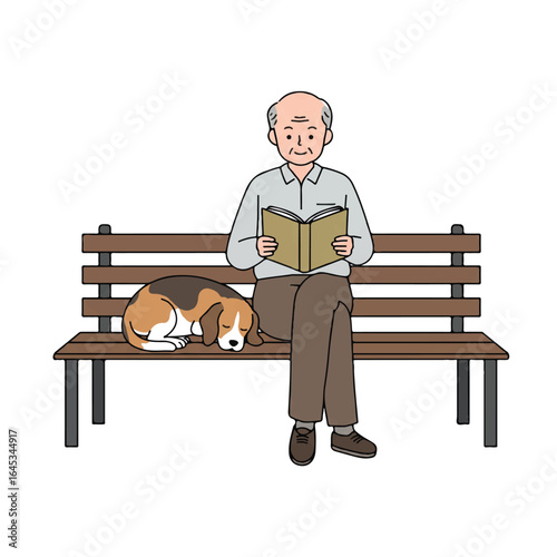 Vector illustration of an elderly man reading a book with a beagle on a park bench celebrating International Dog Day