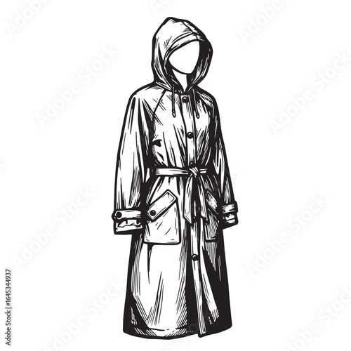 Detailed engraved illustration of a stylish raincoat with hood and belt in black and white