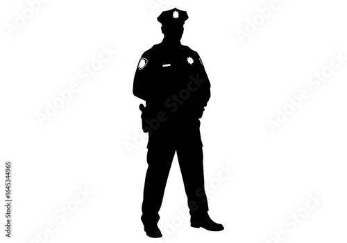Silhouette of a Police Officer in Uniform Standing at Attention