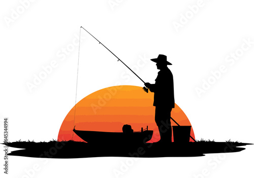 Silhouette of Fisherman at Sunset with Boat