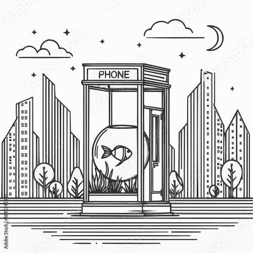 Whimsical phone booth with a fishbowl inside, showcasing creativity in an urban landscape filled with skyscrapers