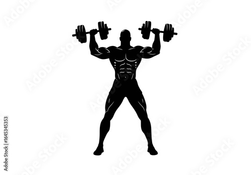 Muscular Silhouette Lifting Dumbbells Overhead in Gym