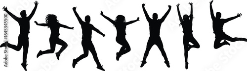 Silhouettes of joyful people jumping and celebrating, energetic active human figures, group of men and women in dynamic jumping poses vector