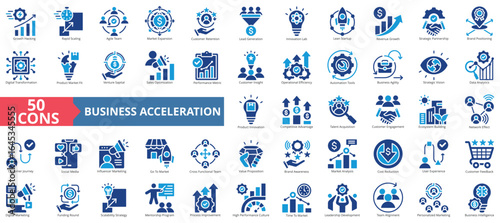 Business acceleration icon set flat style collection. Containing growth hacking, rapid scaling, agile team, market expansion, customer retention, lead generation