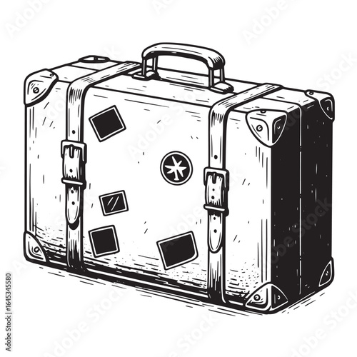 Detailed vintage luggage illustration featuring patches and straps ready for a journey adventure.