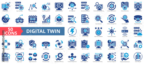 Digital twins icon set flat style collection. Containing virtual model, real time data, predictive analytics, asset management, system simulation, iot integration