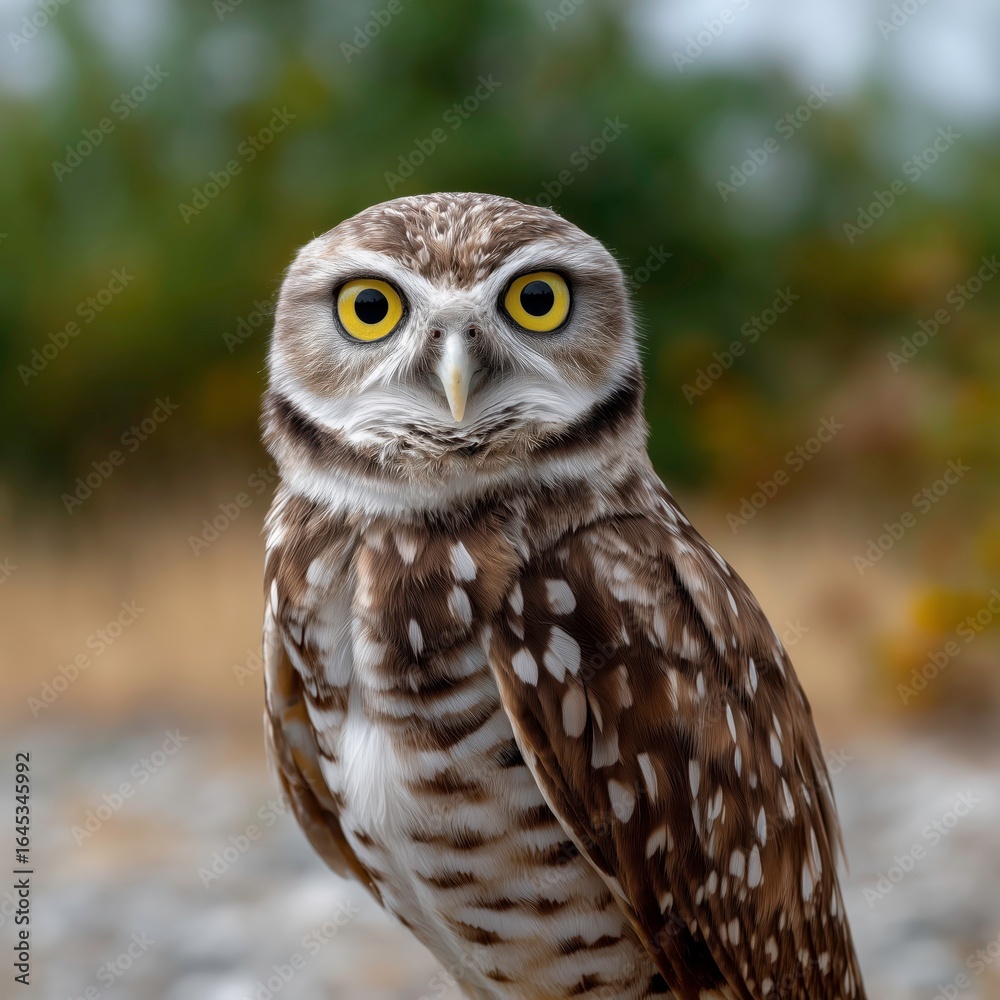 Obraz premium Curious Burrowing Owl Standing on Ground with Sharp Gaze in Dry Grassland
