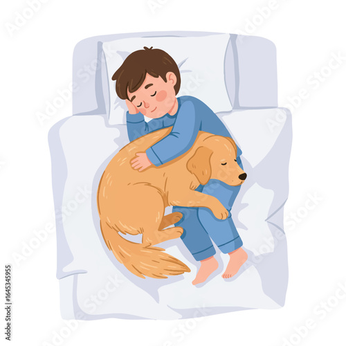 Vector illustration of a child hugging a golden retriever dog on a bed for International Dog Day.