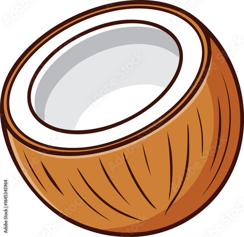 Cartoon illustration of a halved coconut, showing the white flesh and brown shell.