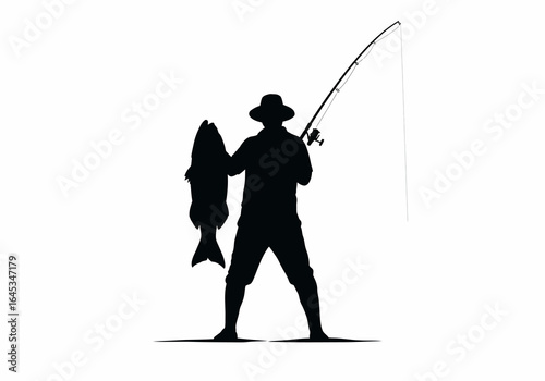 Silhouette of Fisherman Holding Fish and Fishing Rod