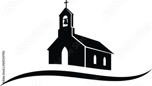 Silhouette of church on hill with cross and bell tower, vector illustration of religious building, peaceful worship place, Christian symbol art