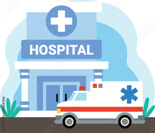Hospital building with ambulance illustration