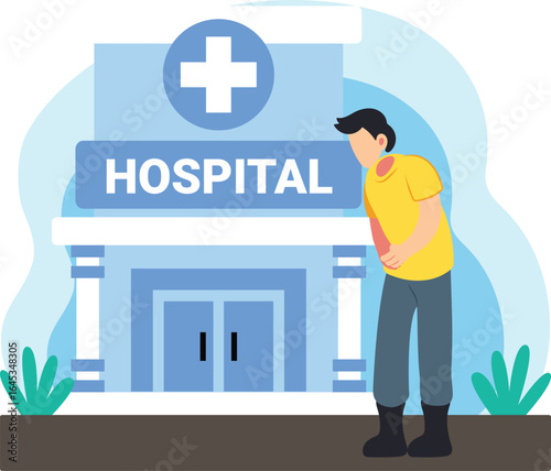 Sick patient standing in front of hospital illustration