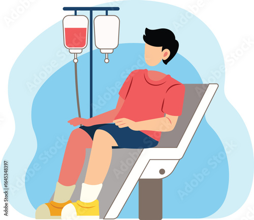 Blood donation illustration. Volunteer man donating blood illustration