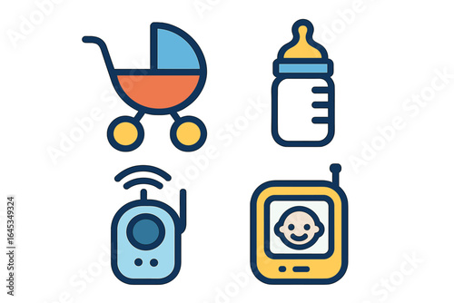 Essential baby items including stroller, bottle, monitor, and camera for nurturing infants at home