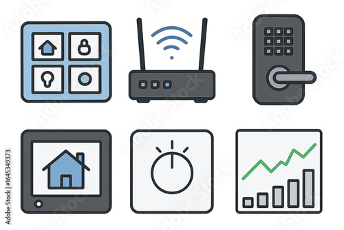 Smart home technology with control panel, router, smart lock, and monitoring system displayed in a modern design