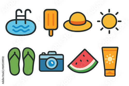 Summer vacation essentials for a perfect day by the pool including a hat, sunscreen, and snacks