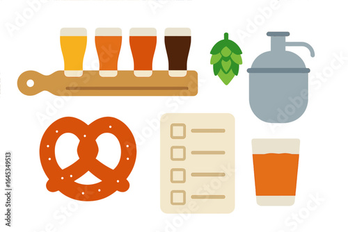 Selection of craft beers with snacks and brewing elements displayed on a table for tasting event
