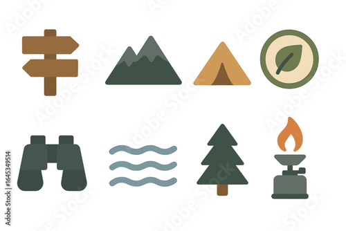 Outdoor adventure symbols representing camping, hiking, and exploration in a nature setting
