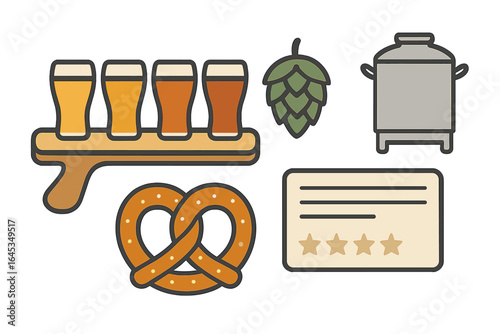 Craft beer tasting experience featuring a sampler tray, pretzel snack, and brewing equipment in a local brewery setting