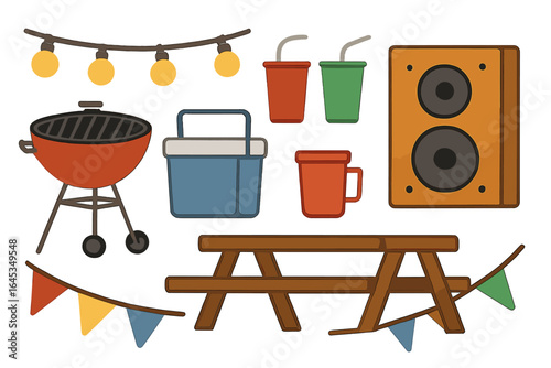 Outdoor picnic setup with grill, cooler, drinks, and festive decorations for summer gathering