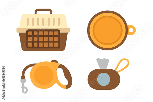 Pet travel essentials displayed on a table for safe and comfortable journeys with furry companions