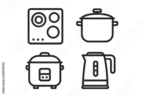 Kitchen appliances including a stove, pot, rice cooker, and kettle displayed on a clean countertop in a modern kitchen setting