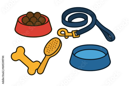 Dog accessories including bowls, food, leash, and toys for pet care and grooming activities