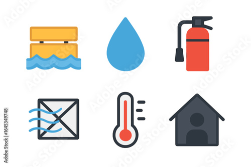 Symbols of safety and emergency response displayed in a flat design, suitable for educational purposes or training materials