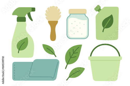Clean and eco-friendly home cleaning supplies displayed in shades of green on a white background