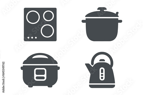 Kitchen appliances including a cooktop, pot, rice cooker, and kettle arranged on a flat surface for home cooking