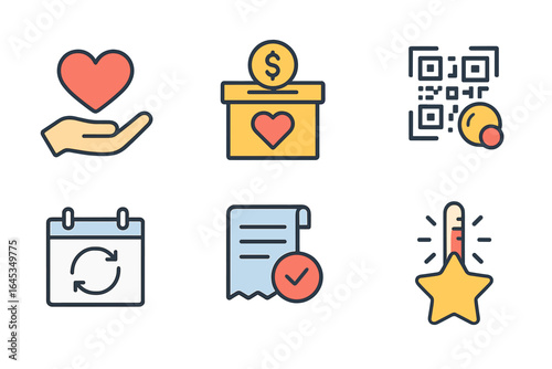 Icons representing charity, donations, and fundraising activities in a colorful, minimalist style with a modern design