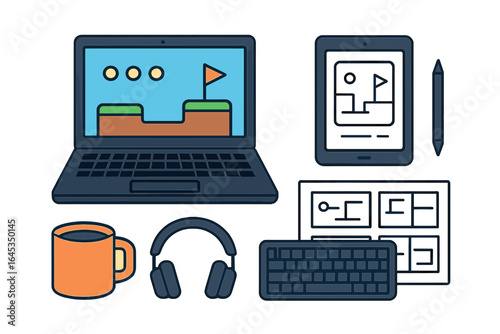 Wallpaper Mural Creative workspace featuring a laptop, tablet, and accessories for game design tasks Torontodigital.ca