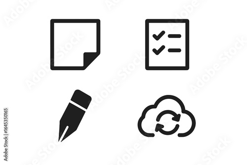 Icons representing organization, planning, and documentation within a digital workspace environment, emphasizing efficiency and productivity