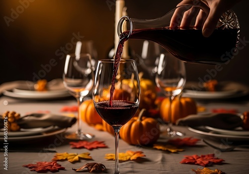 Pouring red wine at a Thanksgiving table setting with pumpkins and autumn leaves. Perfect for fall celebrations, wine tasting, and harvest themes.