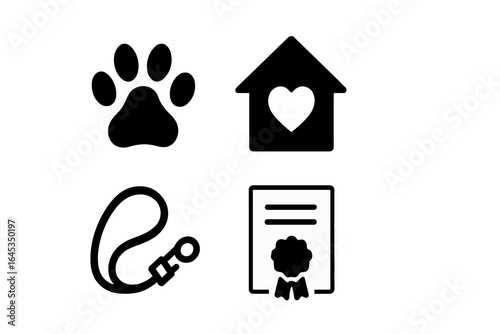 Various icons representing pet adoption and care in a simple graphic layout