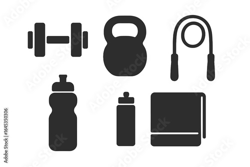 Fitness equipment essentials for workouts, including dumbbell, kettlebell, jump rope, and water bottles