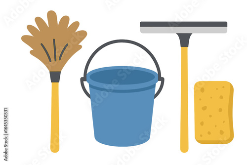 Cleaning tools including a broom, bucket, squeegee, and sponge on a plain background ideal for home maintenance activities