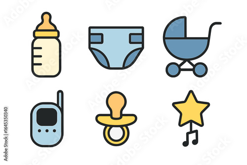 Baby essentials for new parents featuring bottles, diapers, strollers, and more in playful design