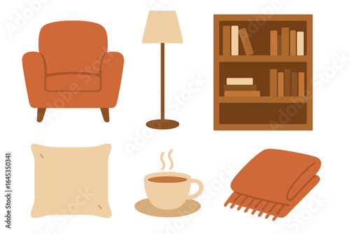 Cozy living room setup with chair, lamp, bookshelf, coffee cup, cushion, and blanket in warm colors